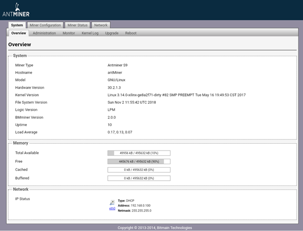 Overview page of miner