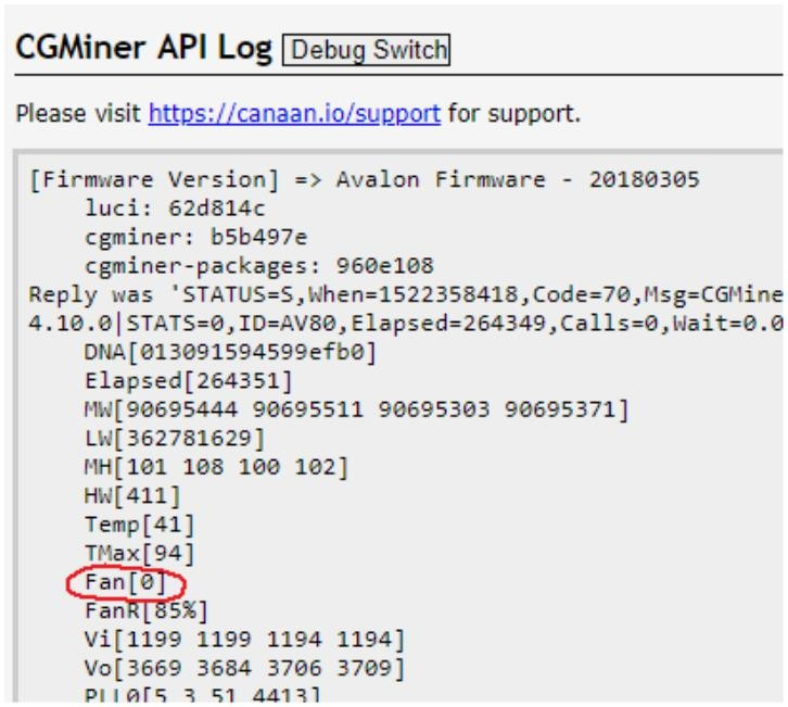 Fan speed 0 rpm at the CGMiner API Log page