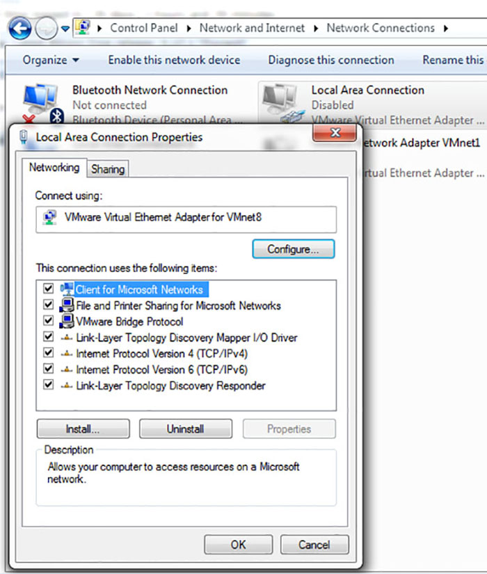 choose the Client for Microsoft Networks