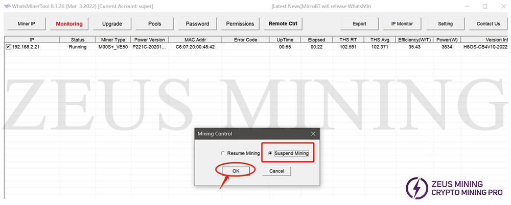 choose suspend mining button