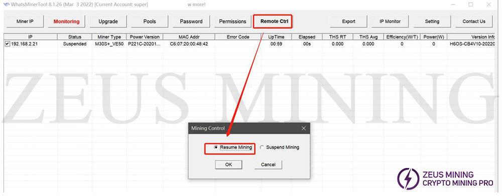 choose resume mining button