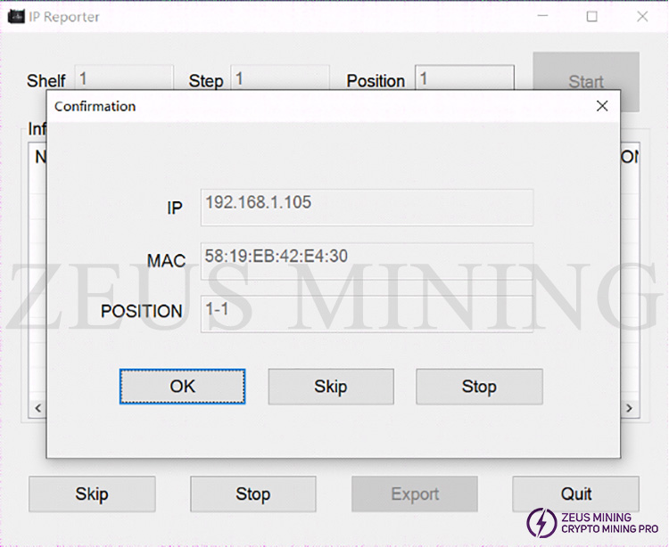 the IP and MAC of the miner