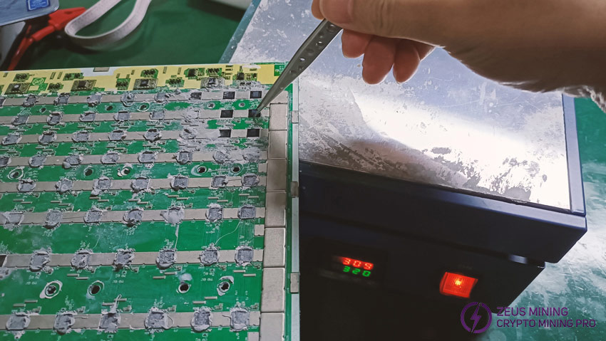 soldering Antminer S21 ASIC chip