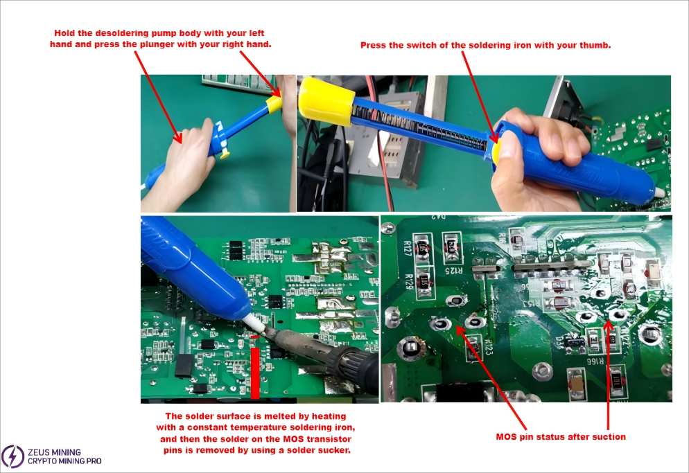 Use a desoldering tool to remove the MOS transistor Use a desoldering tool to remove the MOS transistor