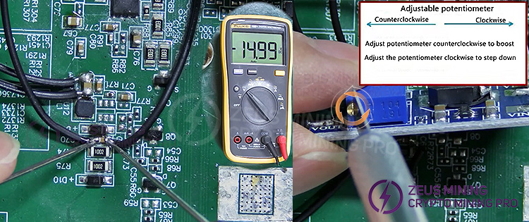 Use a thin-blade tool to rotate the knob counterclockwise to increase the voltage Use a thin-blade tool to rotate the knob counterclockwise to increase the voltage
