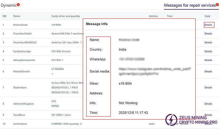 Customer information requiring miner repair Customer information requiring miner repair