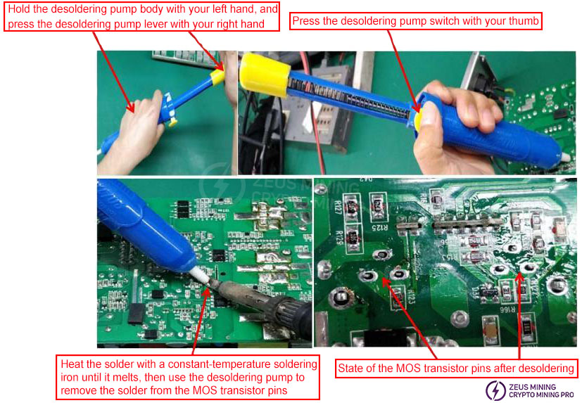 Use a desoldering tool to clean faulty components