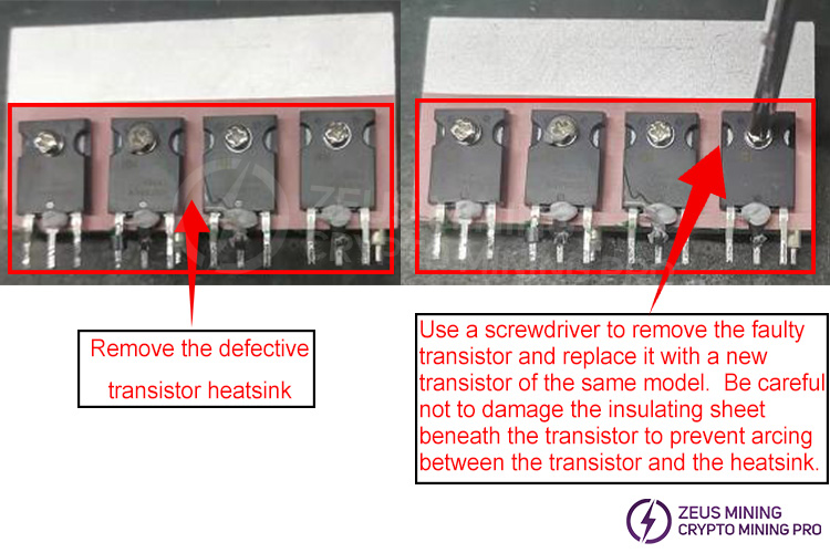 Remove the defective transistor heatsink